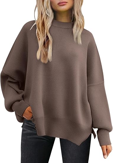 Women's Oversized Batwing Sweaters 2025 Fall Outfits Trendy Crewneck Knit Side Slit Fashion Pullover Tops