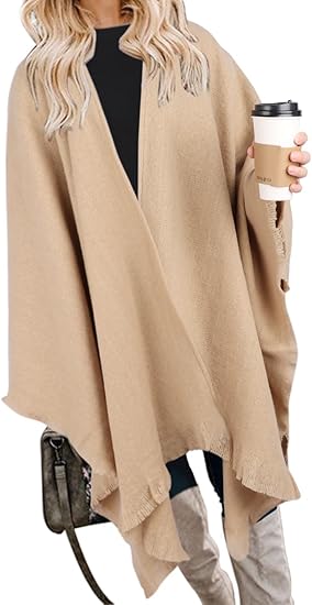 Women's Boho Open Front Poncho Knitted Plaid Shawl Wrap Cape Tassel Cardigan Sweater