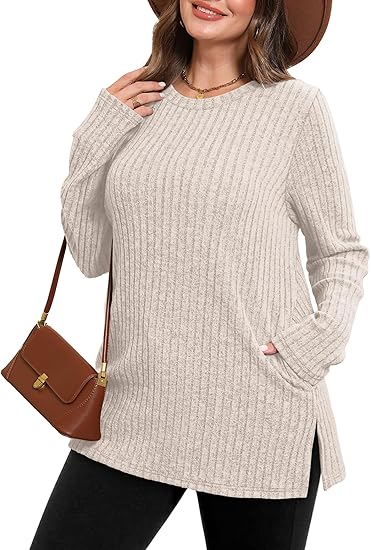 Womens Sweaters Crewneck Long Sleeve Shirts with Pockets Fall Outfits 2025 Fashion Winter Clothing Side Slit