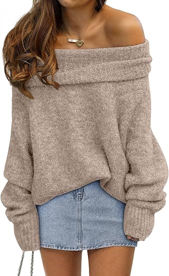Womens Off The Shoulder Sweater Oversized Batwing Sleeve Loose Pullover Sweaters Tops