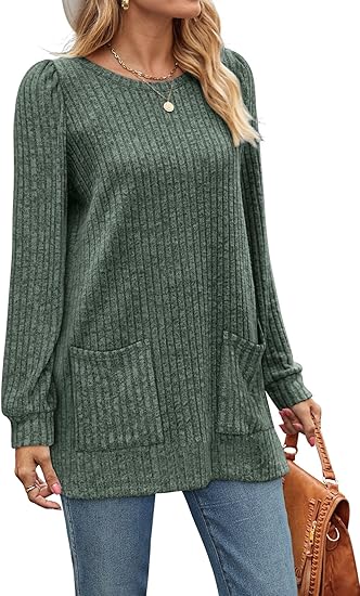 Long Sleeve Shirts for Women Long Sweaters with Pockets Tunic Tops Loose Fit