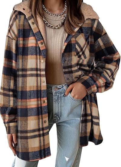 Women's Flannel Hooded Plaid 2025 Shacket Thick Coat Winter Coat for Warmth Button down Warm and Fuzzy Fleece Jacket