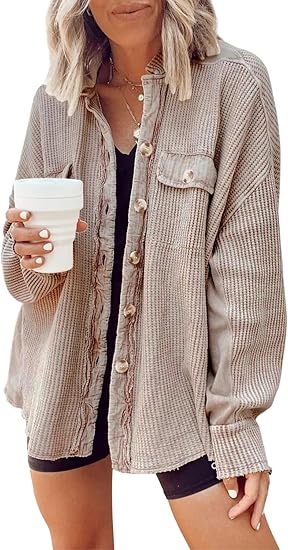 Shackets for Women 2025 Waffle Knit Tops Long Sleeve Button Down Shirt Fall Jackets Outfits Corduroy Jacket