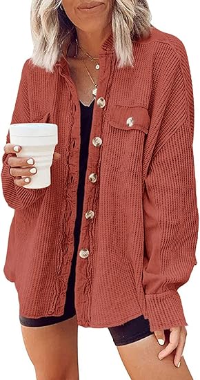 Shackets for Women 2025 Waffle Knit Tops Long Sleeve Button Down Shirt Fall Jackets Outfits Corduroy Jacket