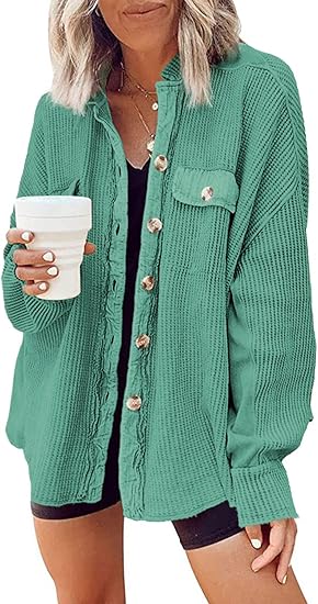 Shackets for Women 2025 Waffle Knit Tops Long Sleeve Button Down Shirt Fall Jackets Outfits Corduroy Jacket